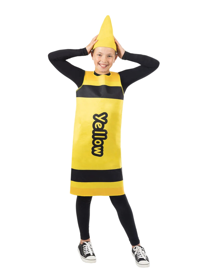 Kids Yellow Crayon Costume tabard with conical hat and black stripes