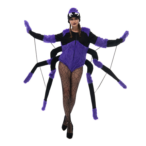 Womens purple spider costume with 8 poseable legs and beanie hat