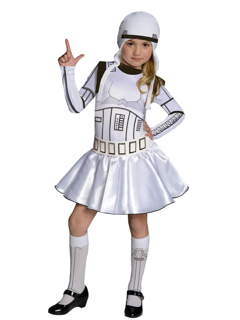 Kids Star Wars Stormtrooper Tutu Dress - white satin skirt with printed armor bodice and helmet headpiece