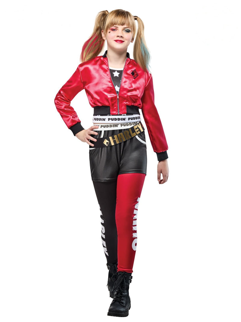 Girls Harley Quinn costume set with red bomber jacket, black shorts, split-colour leggings and HQ belt
