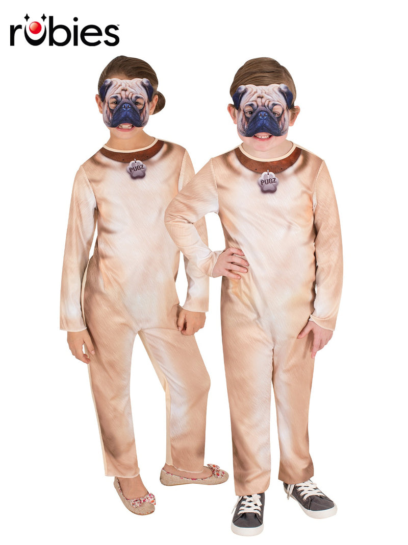Kids pug dog costume with photorealistic printed fur jumpsuit and wrinkled felt mask