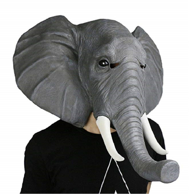 Adult realistic grey latex elephant mask with trunk and tusks, front view
