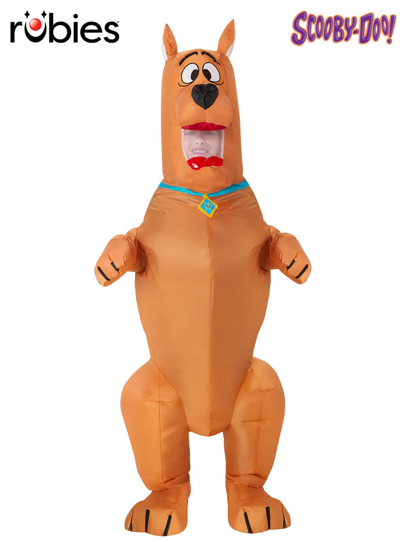 Adult Scooby-Doo inflatable costume full body view showing brown Great Dane with blue collar