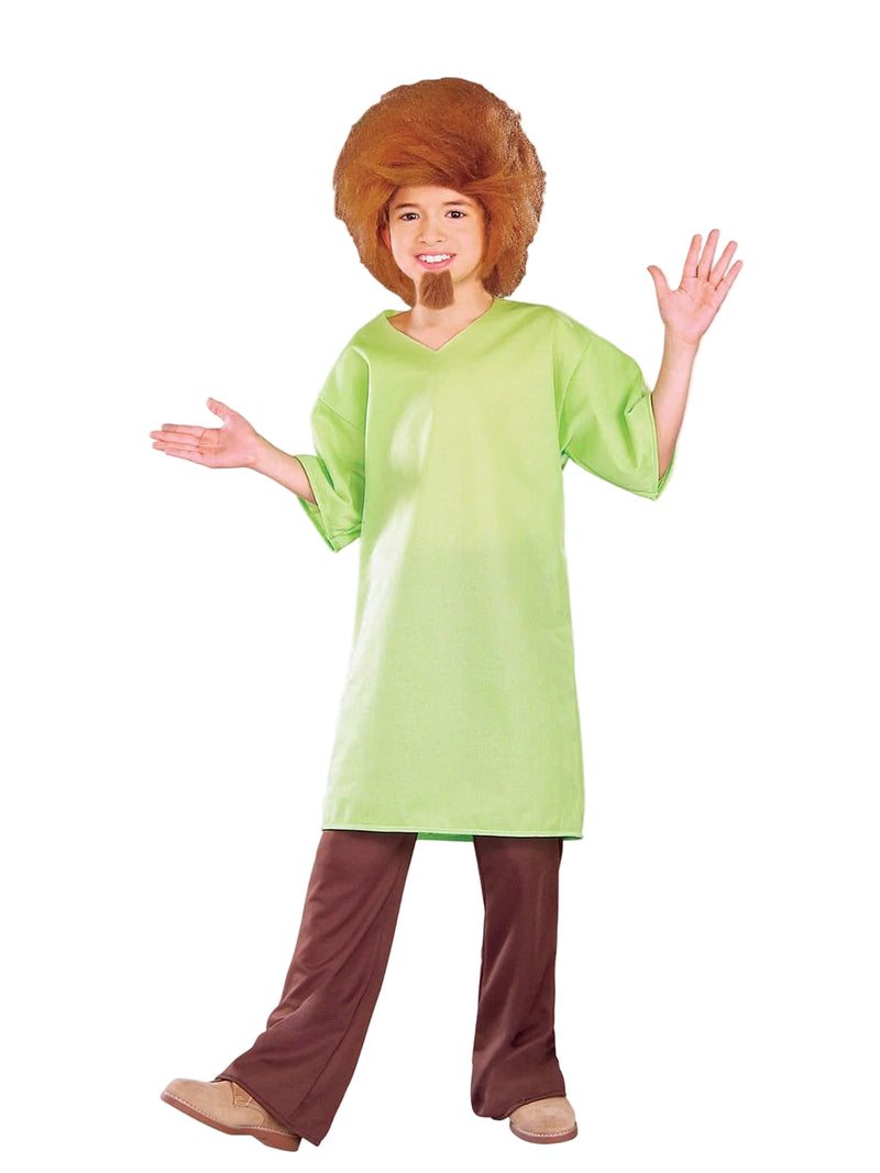 Kids Shaggy costume from Scooby-Doo with lime green tunic, brown pants, shaggy wig and goatee on white background