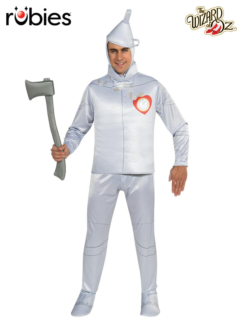 Mens Tin Man Costume from Wizard of Oz with metallic silver tunic, pants, and funnel hat