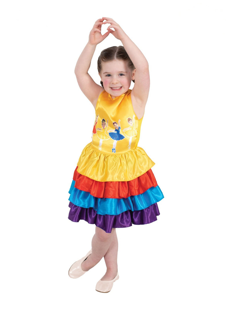 Child wearing The Wiggles ballerina dress with rainbow tiered tutu and character artwork