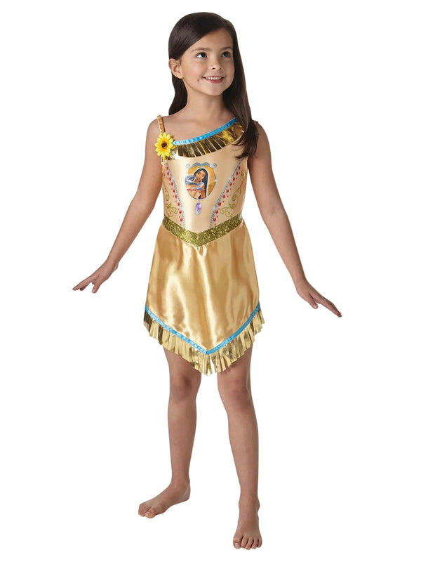 Kids Disney Pocahontas princess costume dress with gold satin, turquoise trim and metallic fringe