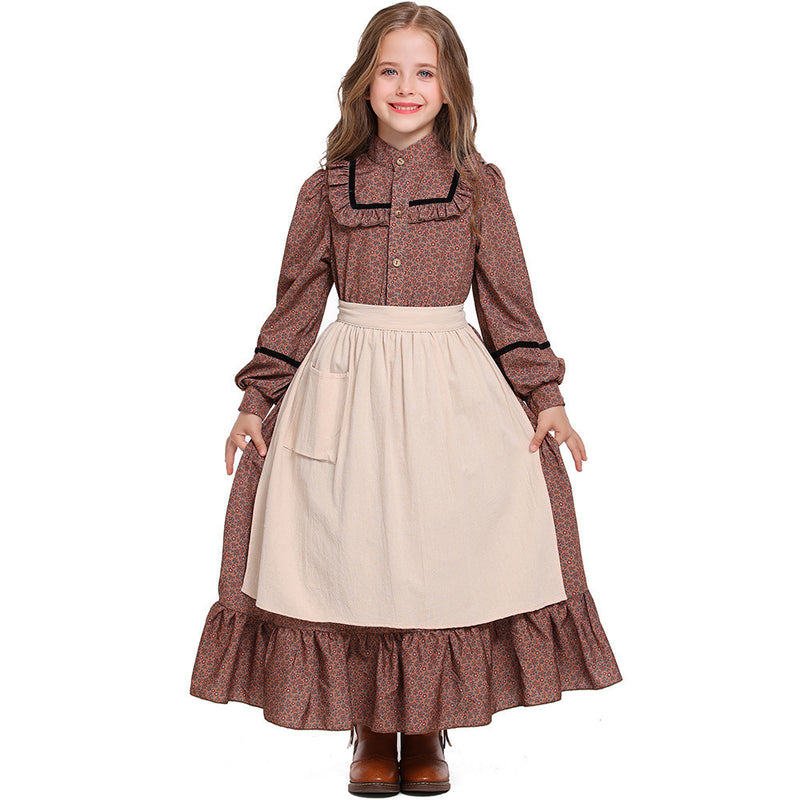 Girls pioneer prairie dress in brown floral print with cream apron and black velvet trim