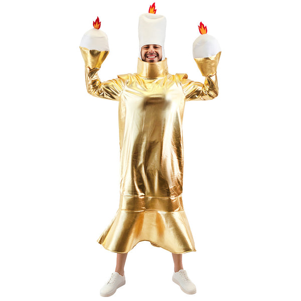 Adult candelabra costume with gold metallic tunic and white candle hat with red flame