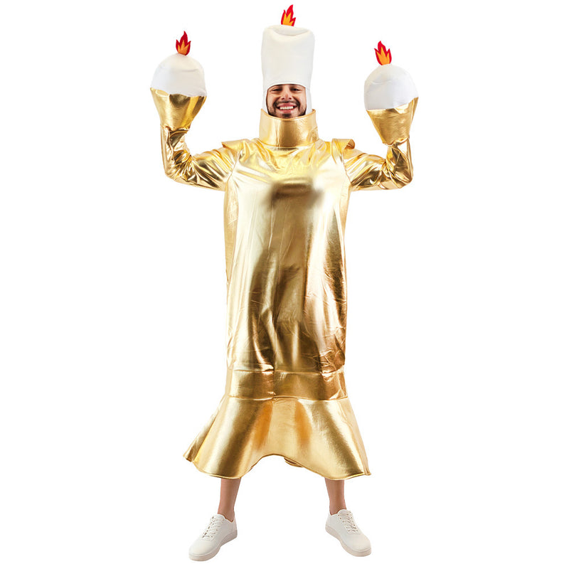 Adult candelabra costume with gold metallic tunic and white candle hat with red flame