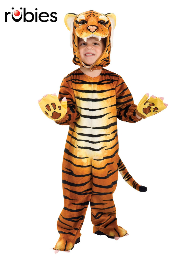 Child wearing orange tiger costume with black stripes and 3D sculpted headpiece