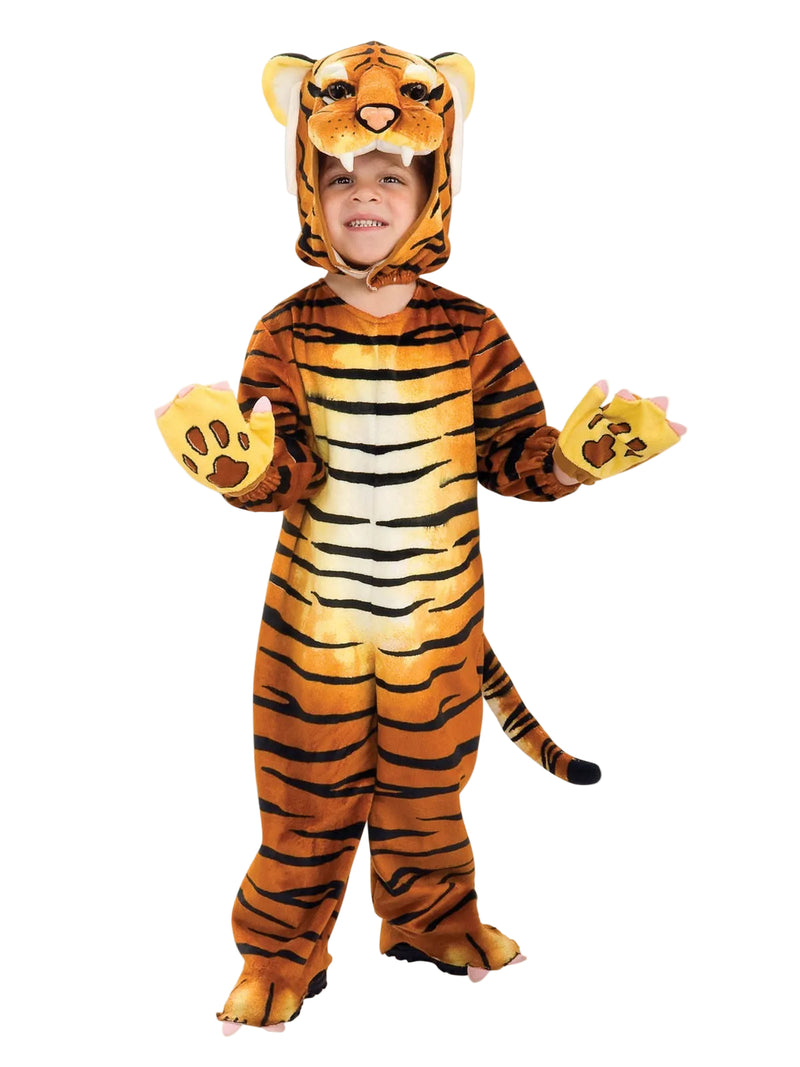 Child wearing orange tiger costume with black stripes and 3D sculpted headpiece