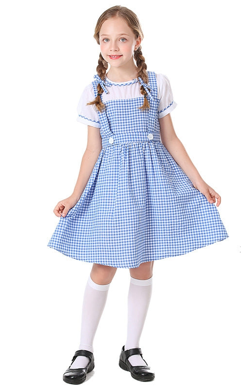Girls blue gingham pinafore dress with white puffed-sleeve blouse for Book Week