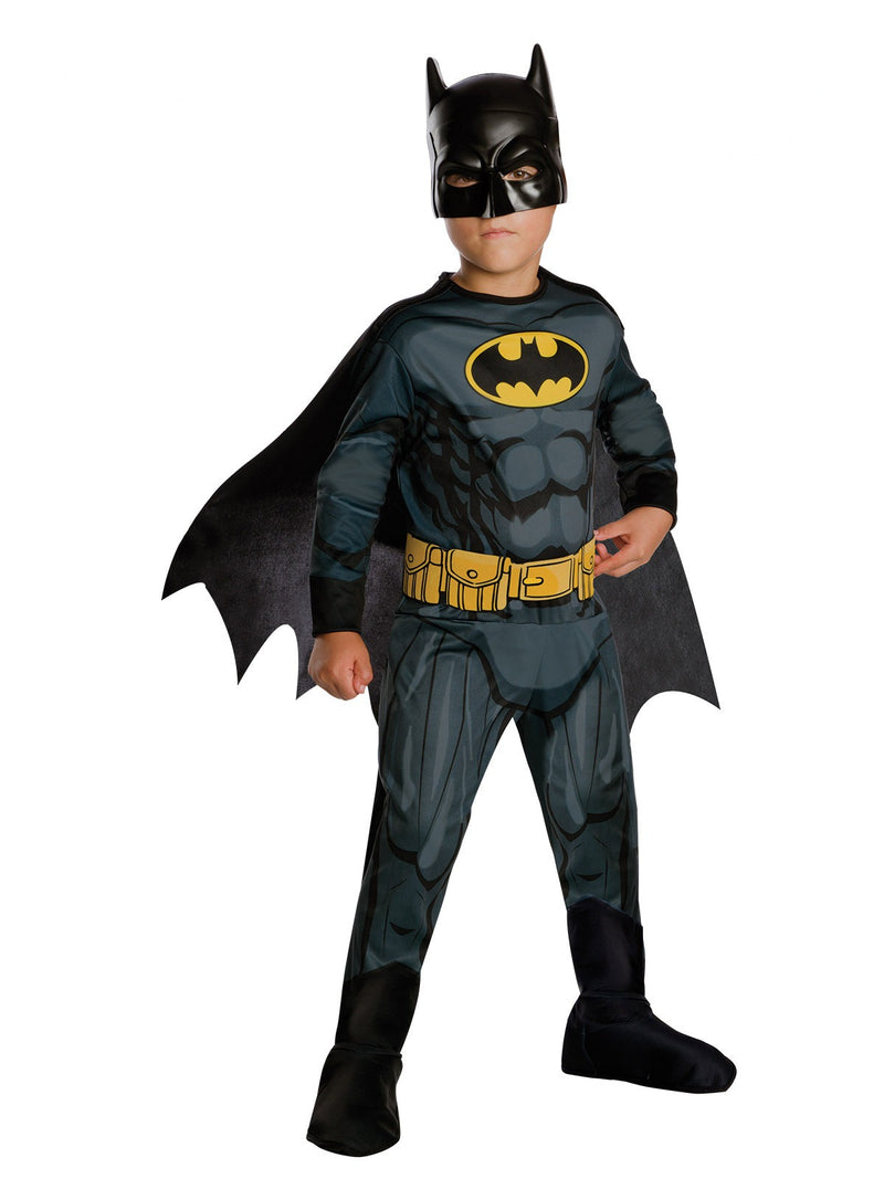 Kids Batman costume jumpsuit with muscle print and yellow bat logo