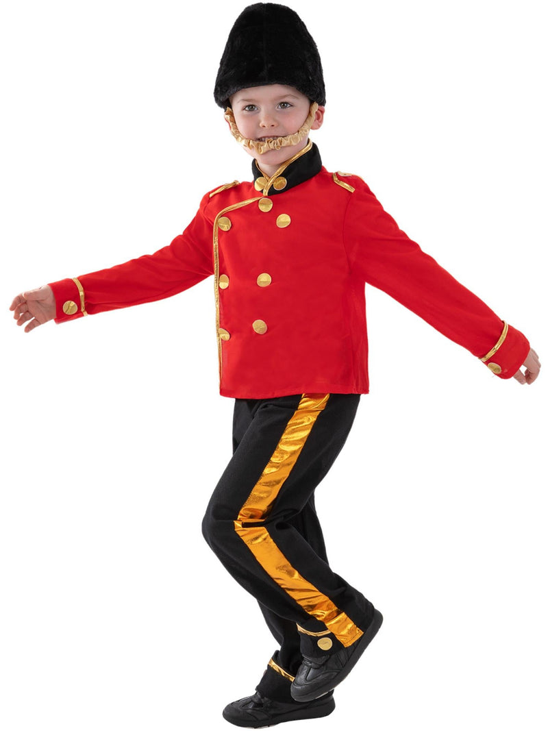 Kids British Royal Guard costume with red jacket and bearskin hat