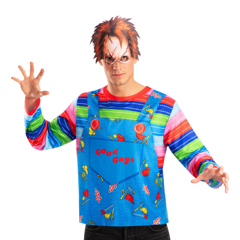 Chucky costume top showing rainbow striped sleeves and blue overalls graphic