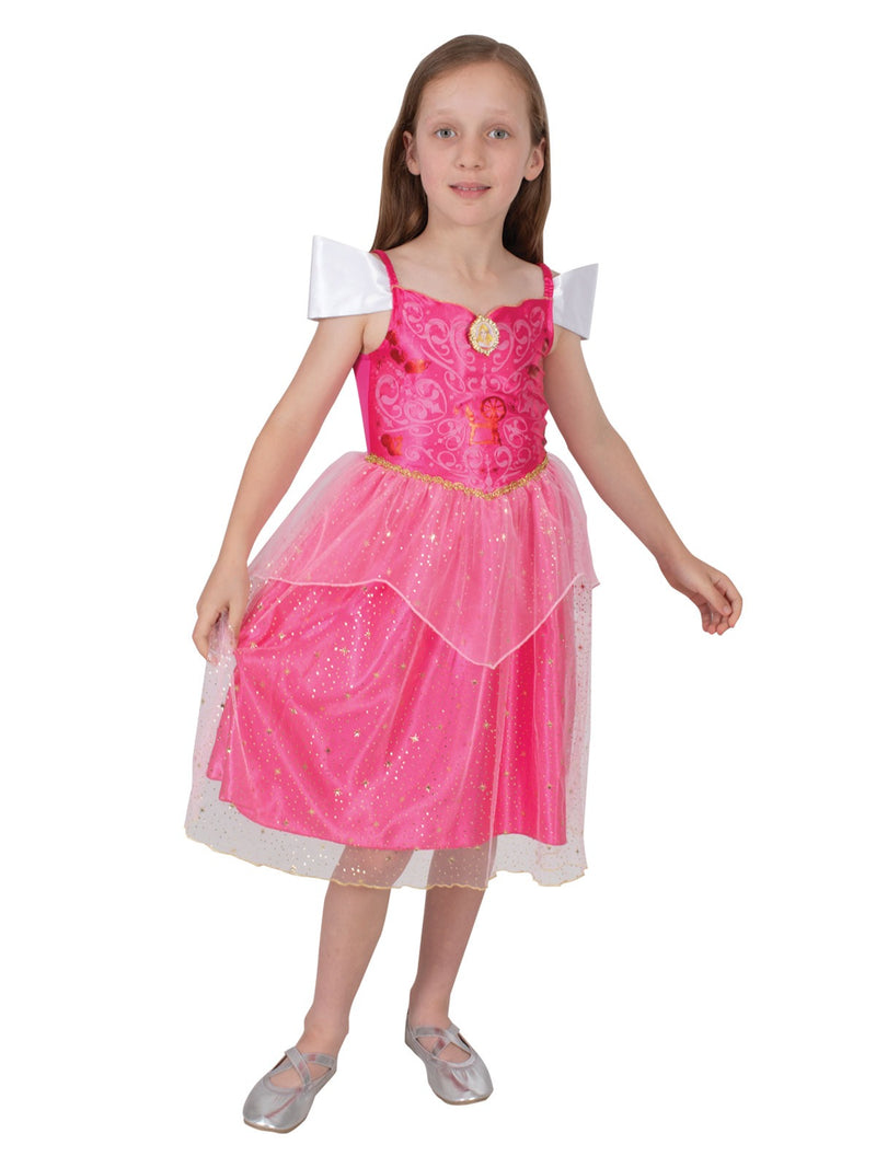 Disney Aurora costume for girls - full-length pink ball gown with character cameo pendant and white sleevelets