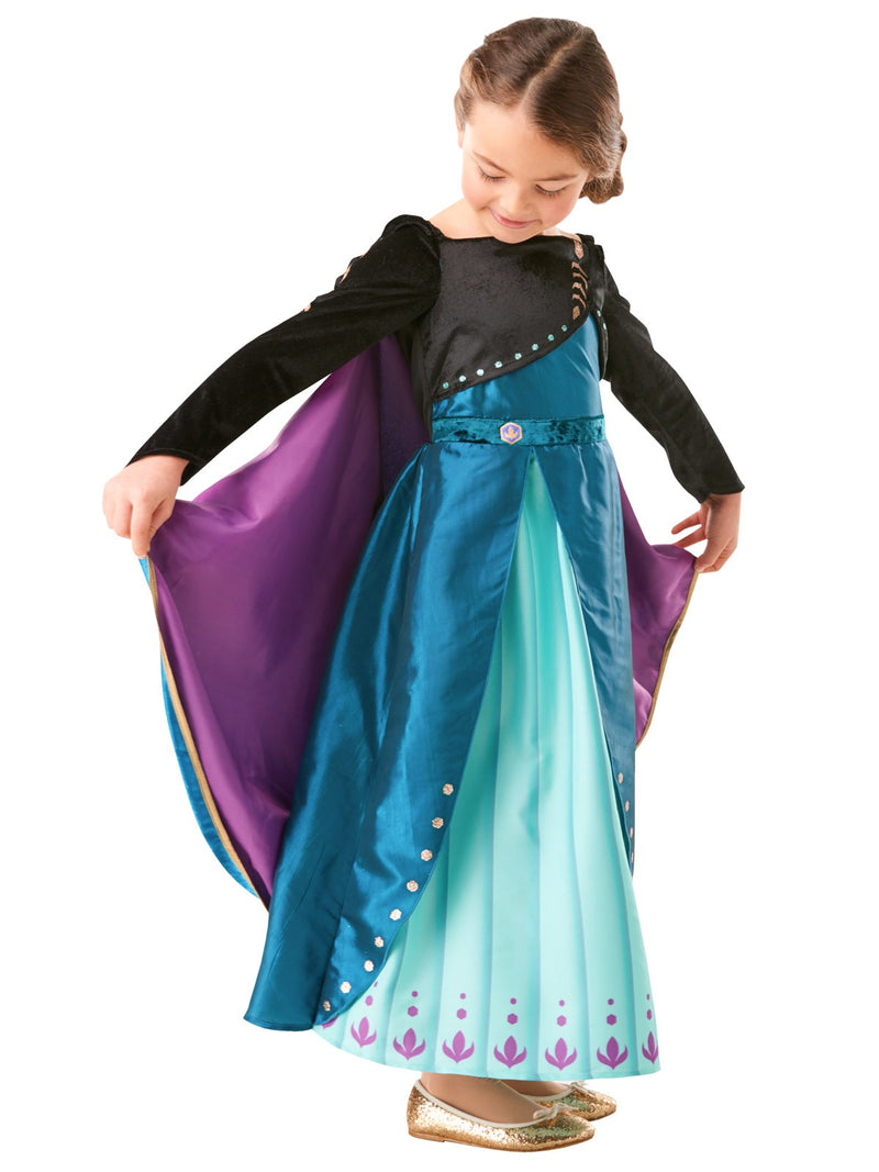 Girls Frozen 2 Anna deluxe dress showing folkloric wheat embellishments and layered skirt