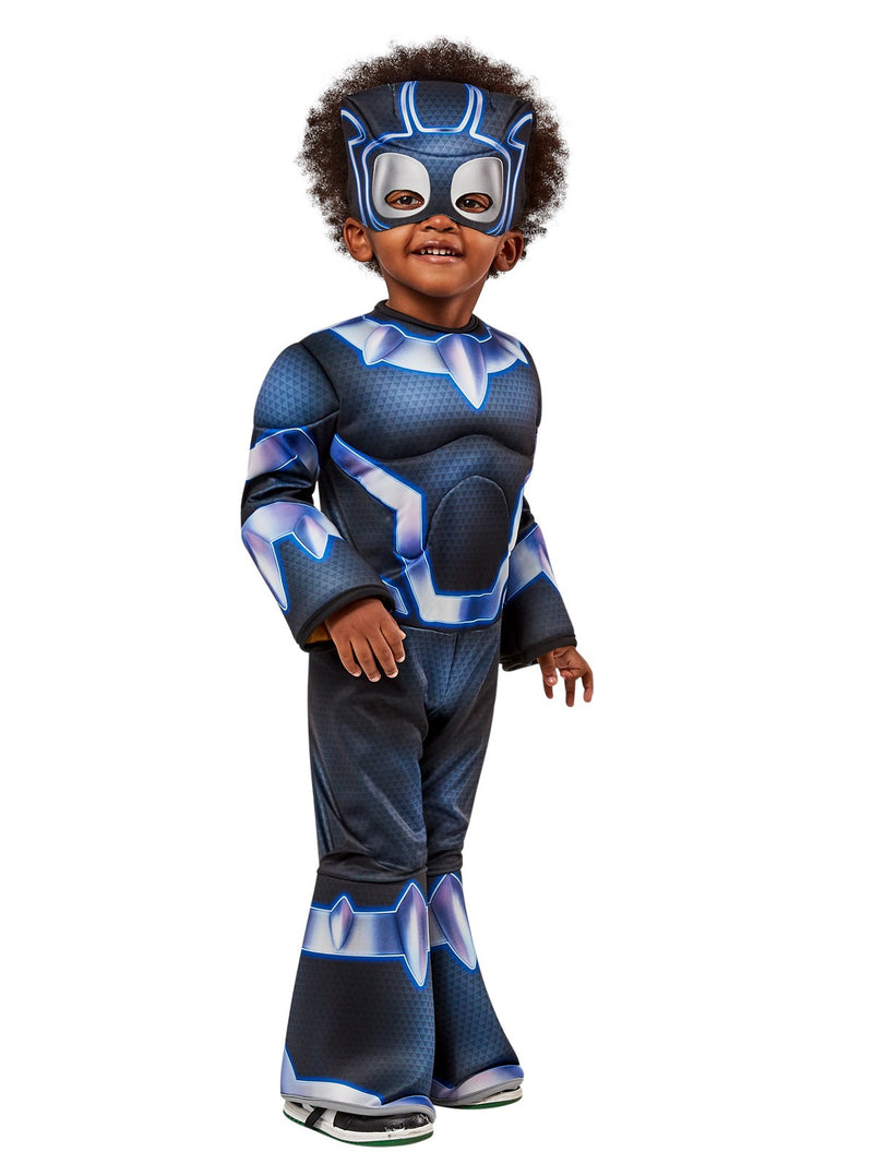 Black Panther toddler costume back view showing digital print design and rear zipper closure