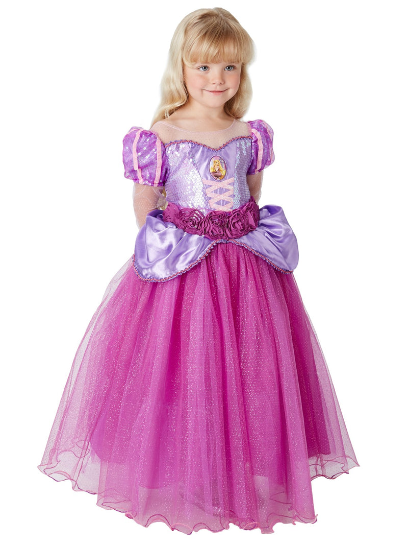 Disney Tangled Rapunzel ball gown showing puffy cap sleeves and character cameo detail