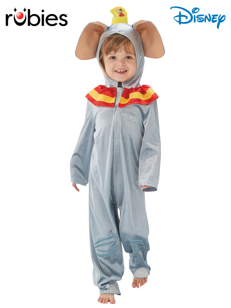 Kids Dumbo elephant costume front view showing grey jumpsuit with 3D ears and circus hat