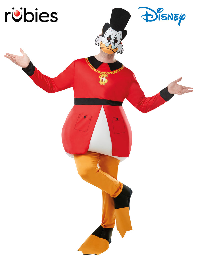 Adult Scrooge McDuck costume with red coat, fiber-filled duck bottom, and top hat mask