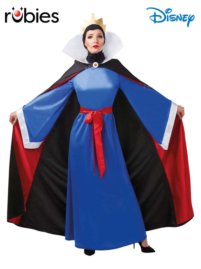 Womens Evil Queen Costume full-length view showing royal blue gown with black cape and white ruff collar