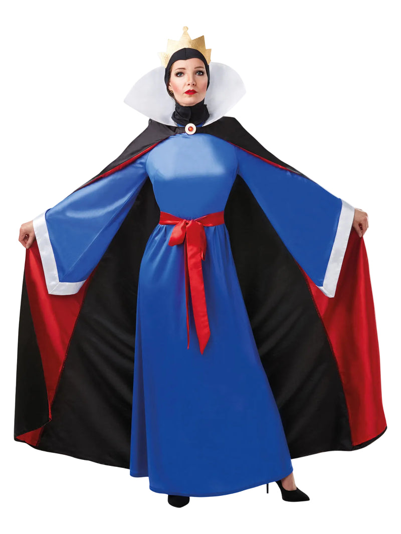 Womens Evil Queen Costume full-length view showing royal blue gown with black cape and white ruff collar