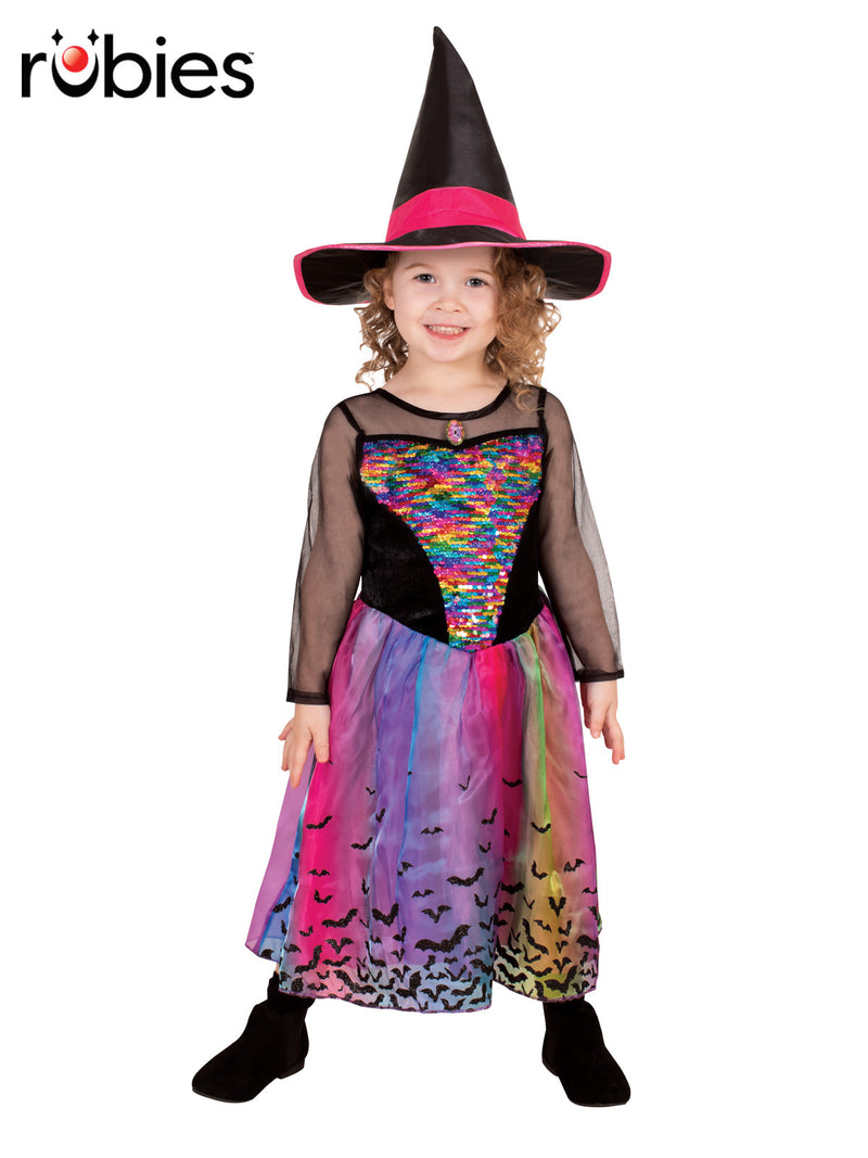 Kids rainbow witch costume with colour-changing sequin bodice and ombré tulle skirt