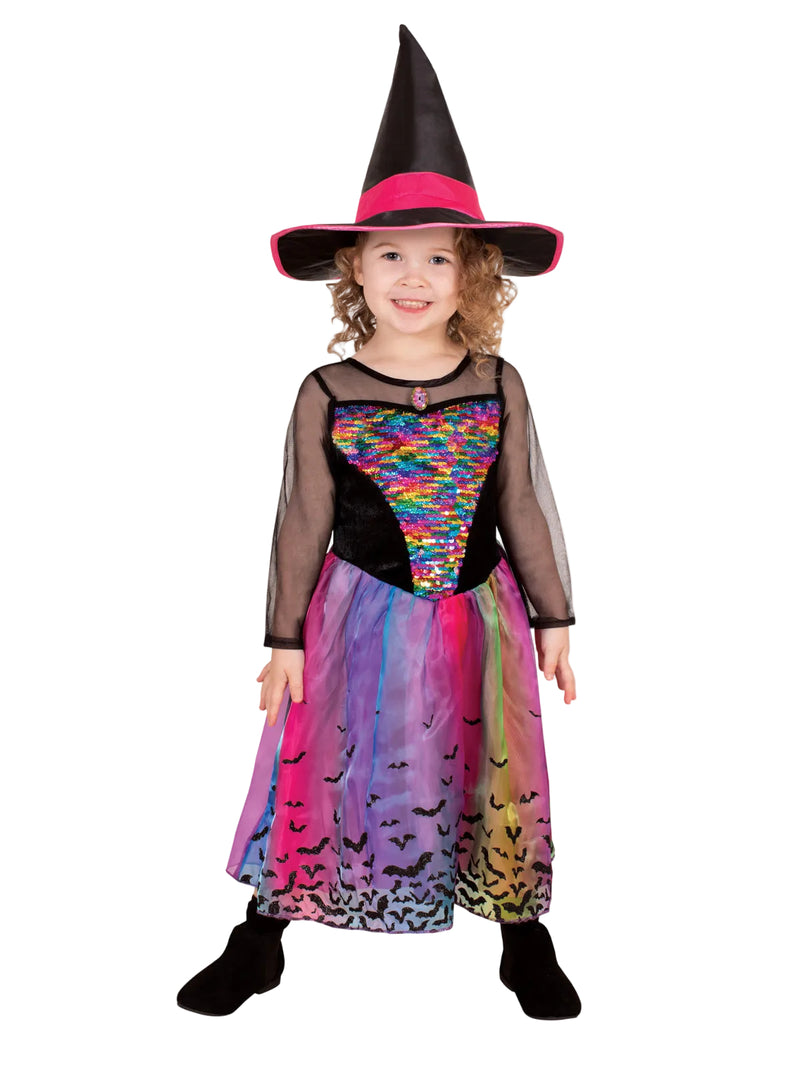 Kids rainbow witch costume with colour-changing sequin bodice and ombré tulle skirt