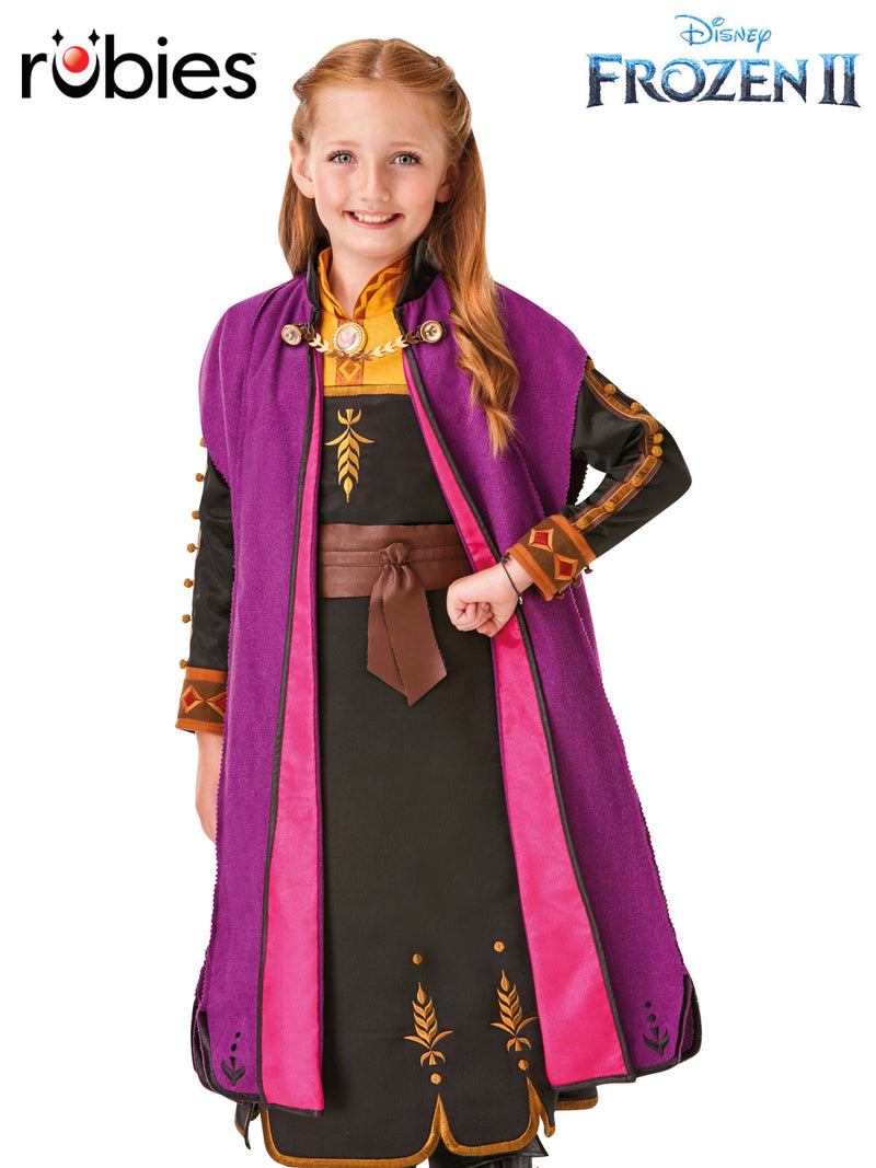 Kids Anna Frozen 2 deluxe costume with black embroidered dress and purple cloak on white background