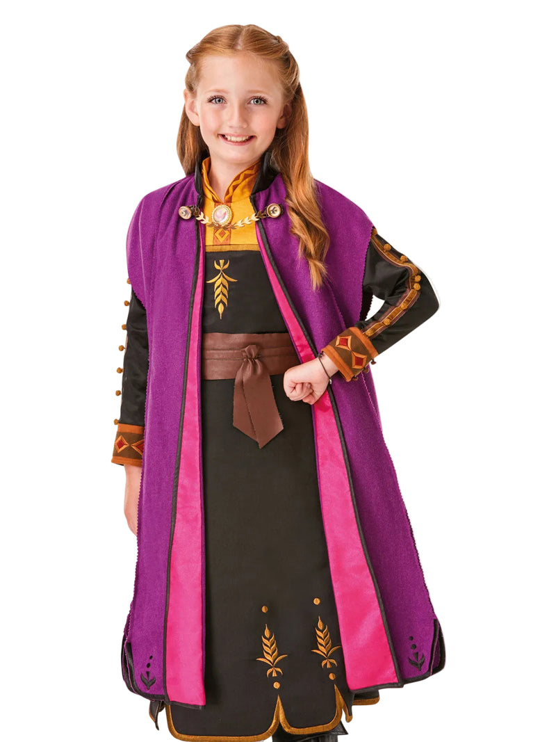 Kids Anna Frozen 2 deluxe costume with black embroidered dress and purple cloak on white background