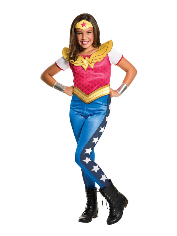 Girls Wonder Woman costume with hot pink star-print bodice, blue pants and gold accessories