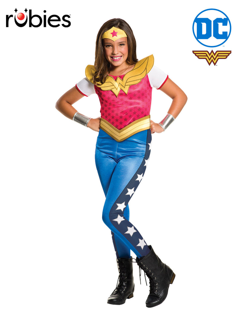 Girls Wonder Woman costume with hot pink star-print bodice, blue pants and gold accessories