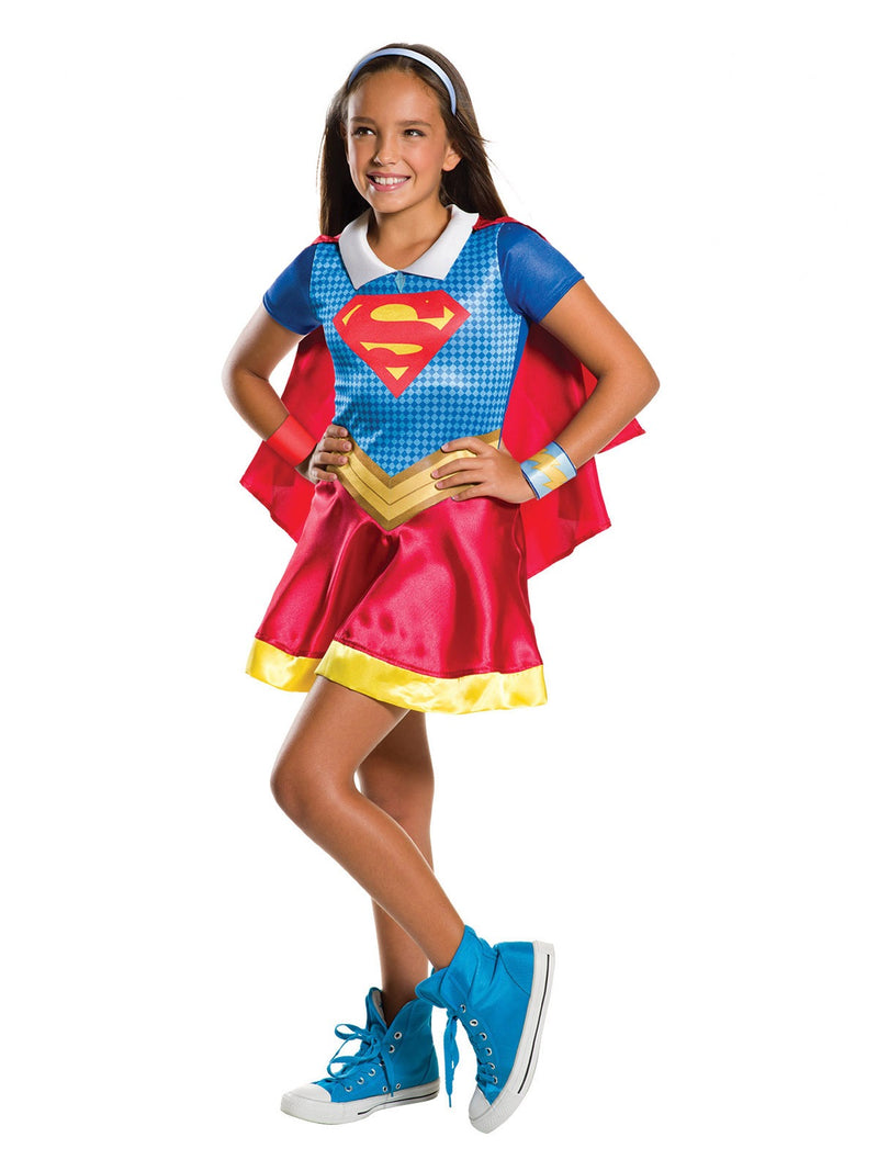 Kids Supergirl costume dress with red cape and Superman S-shield on chest