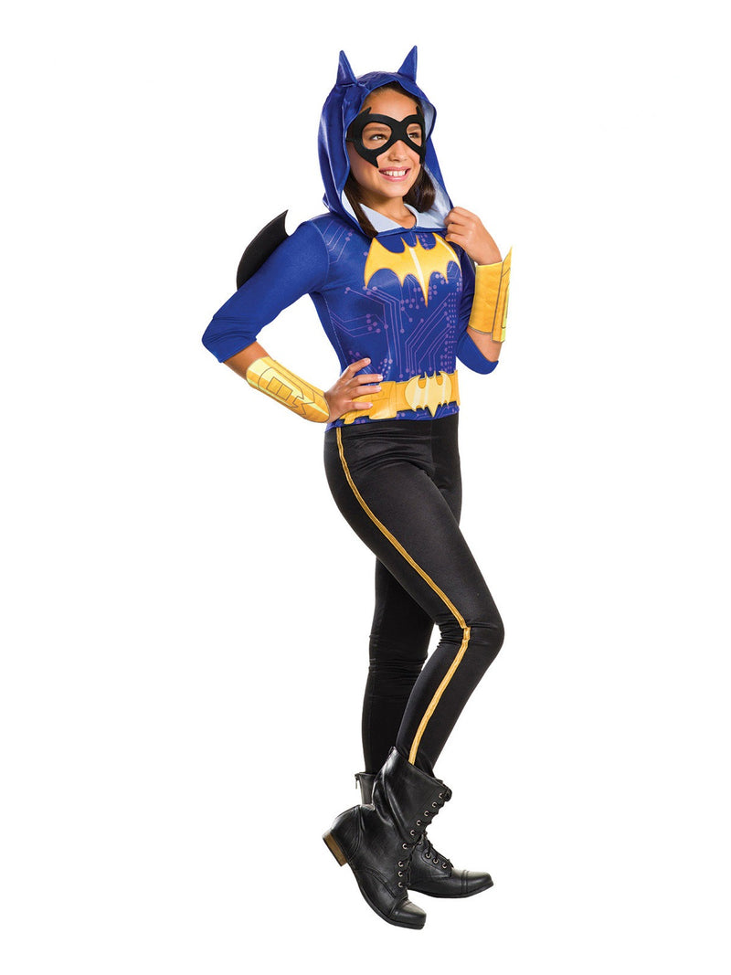 Kids Batgirl costume with royal blue hooded jumpsuit, batwing cape and yellow bat emblem - DC Superhero Girls