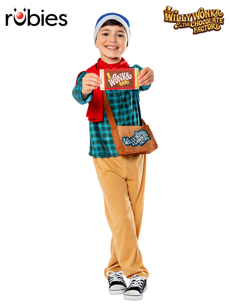 Kids Charlie Bucket costume with checked shirt, beanie, satchel and golden ticket Wonka bar