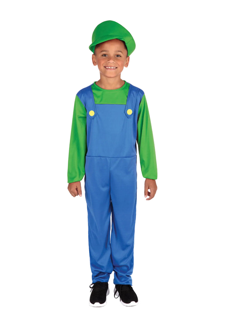 Kids Luigi costume with blue overalls and bright green sleeves