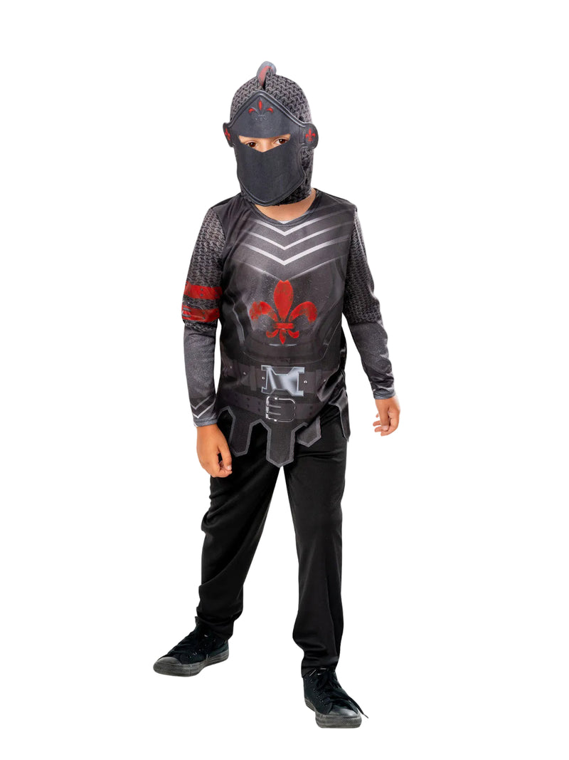 Kids Black Knight Costume with digitally printed armor and red fleur-de-lis emblem