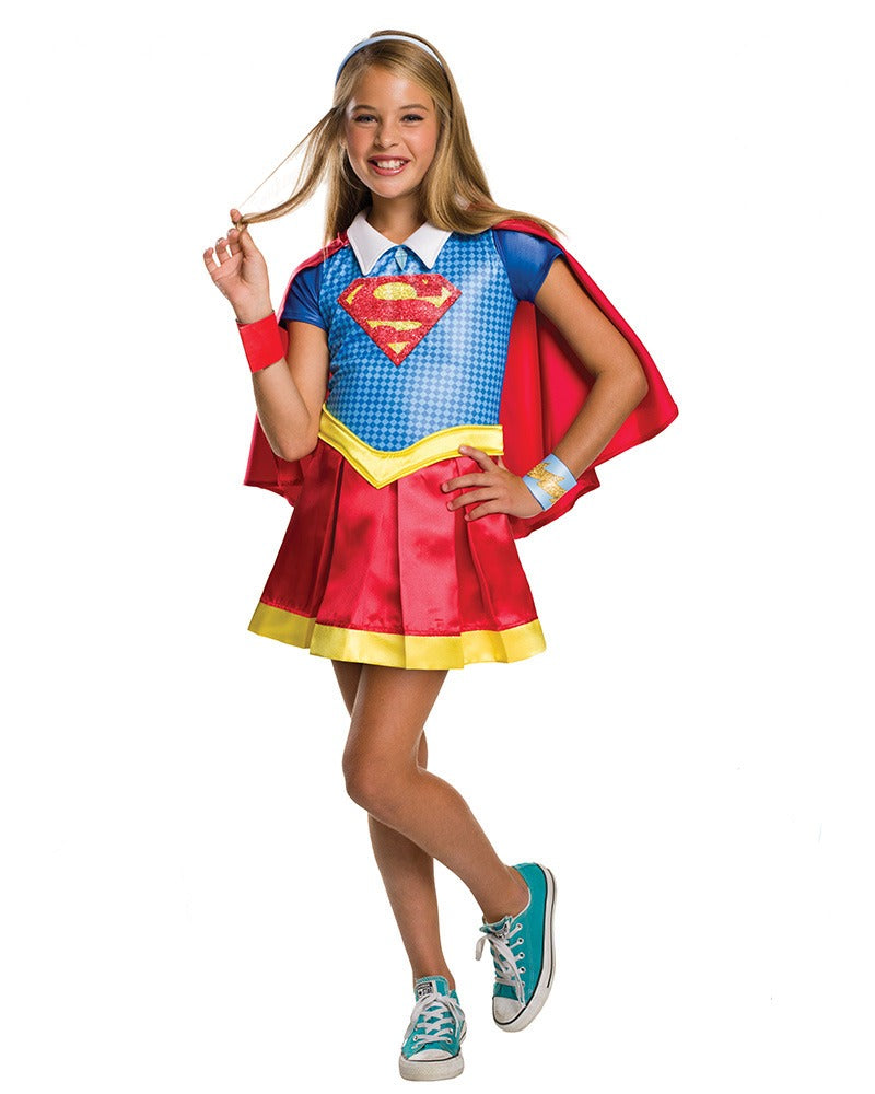Kids Supergirl costume with glitter logo, red cape, pleated skirt and blue headband