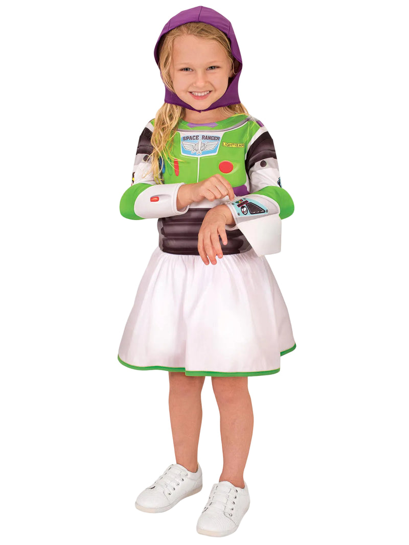 Kids Buzz Lightyear tutu dress with purple hood and gauntlets, front view