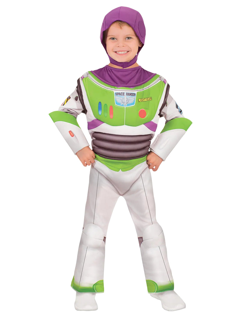 Toddler wearing Buzz Lightyear Space Ranger costume with padded chest and purple snood helmet
