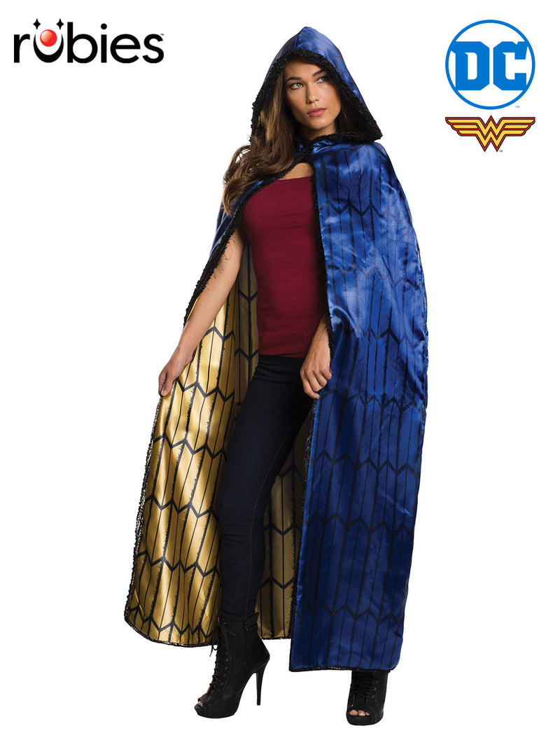 Adult Wonder Woman cape in royal blue satin with gold lining, modeled with hood up and faux fur trim visible