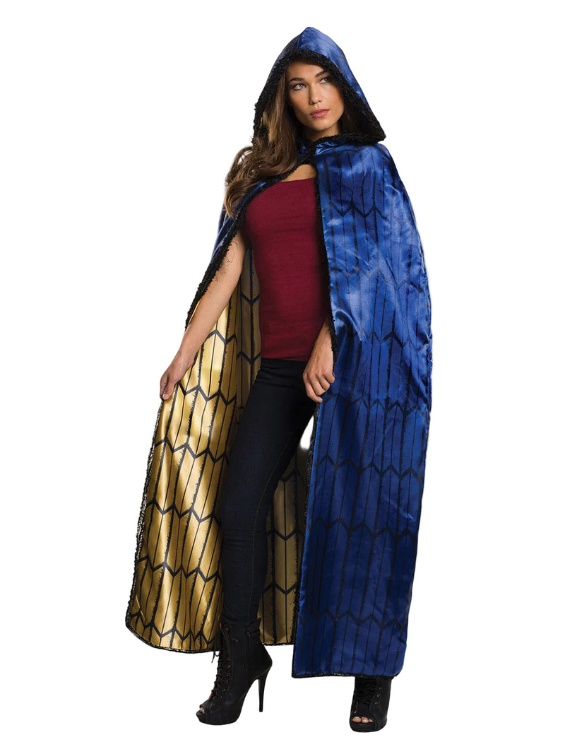 Adult Wonder Woman cape in royal blue satin with gold lining, modeled with hood up and faux fur trim visible