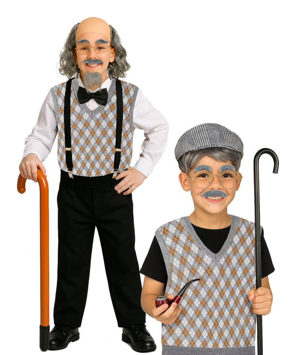 Kids 100 days of school old man costume with argyle vest and accessories laid flat