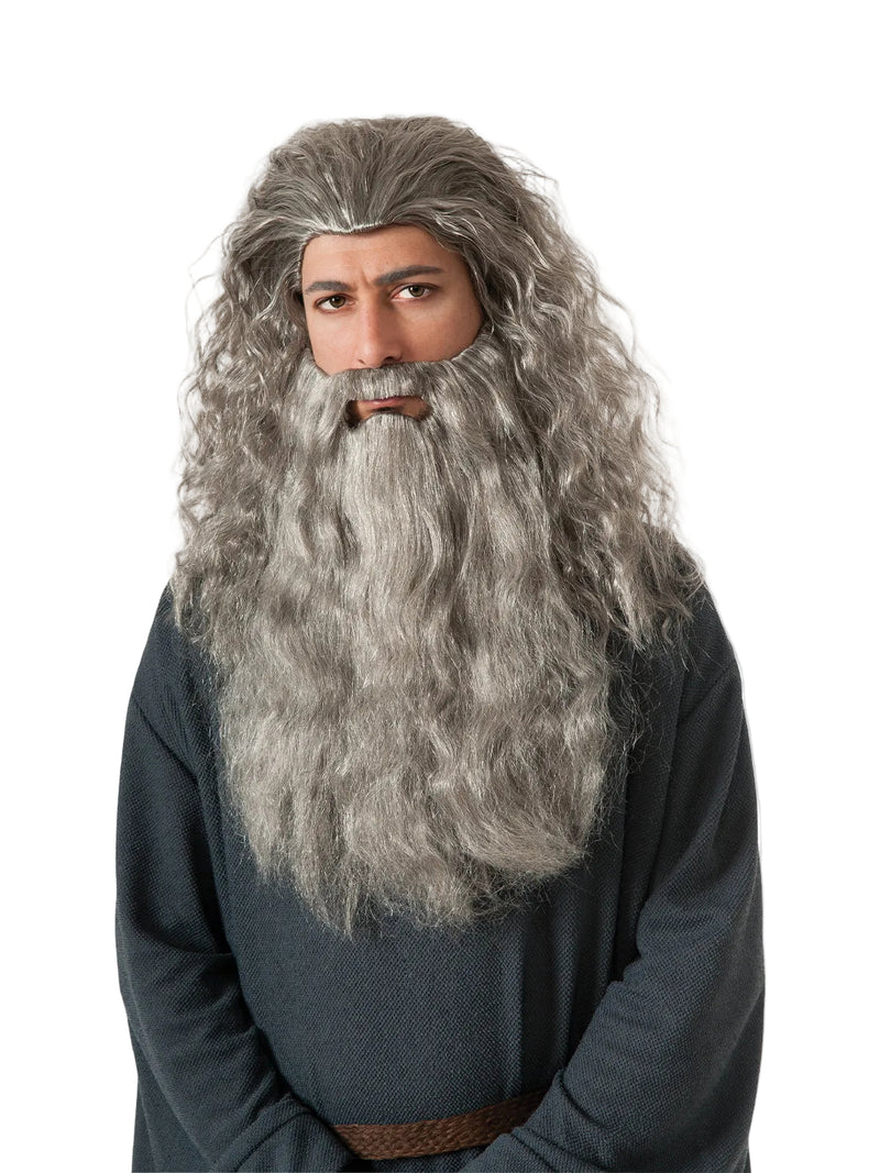 Adult Gandalf wig and beard set with long flowing grey hair and chest-length beard
