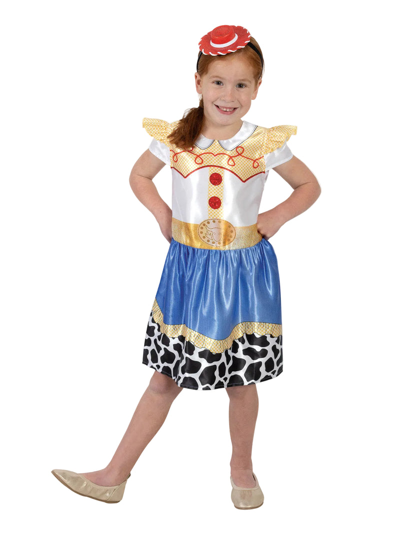 Kids Jessie Toy Story costume dress with blue satin skirt and cow print trim