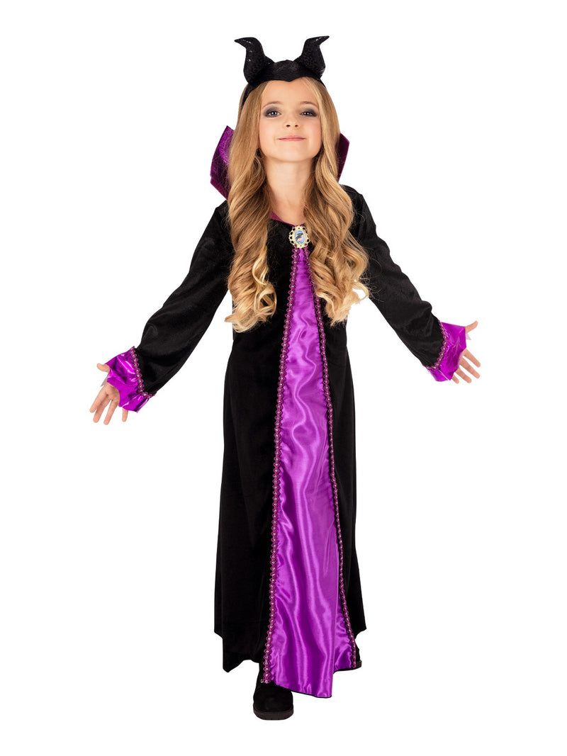 Close-up of Maleficent costume collar with cameo brooch and scalloped sleeve detail