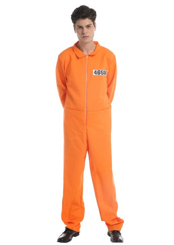 Adult wearing bright orange prison jumpsuit costume with white prisoner number patch on chest