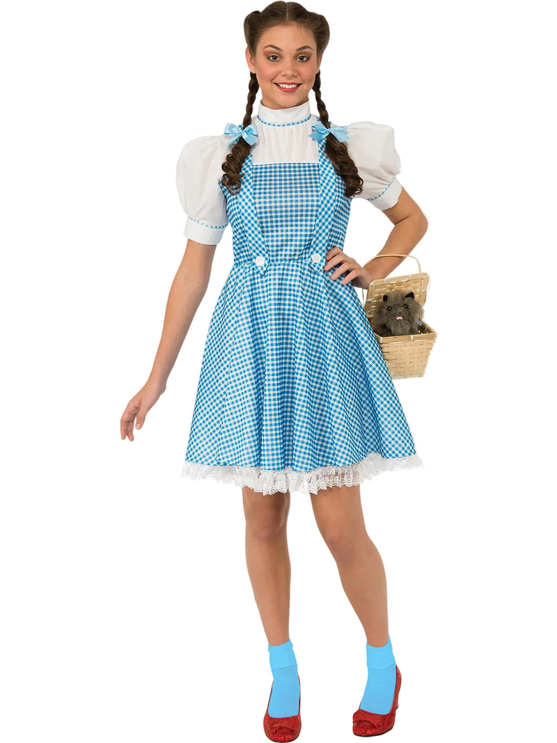 Womens Dorothy Costume Plus Size with blue gingham pinafore dress and white puff sleeves